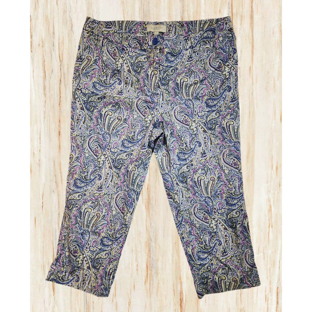 Talbots Womens Paisley Cropped Pants Size 14P Petite Blue Purple Stretch Cotton